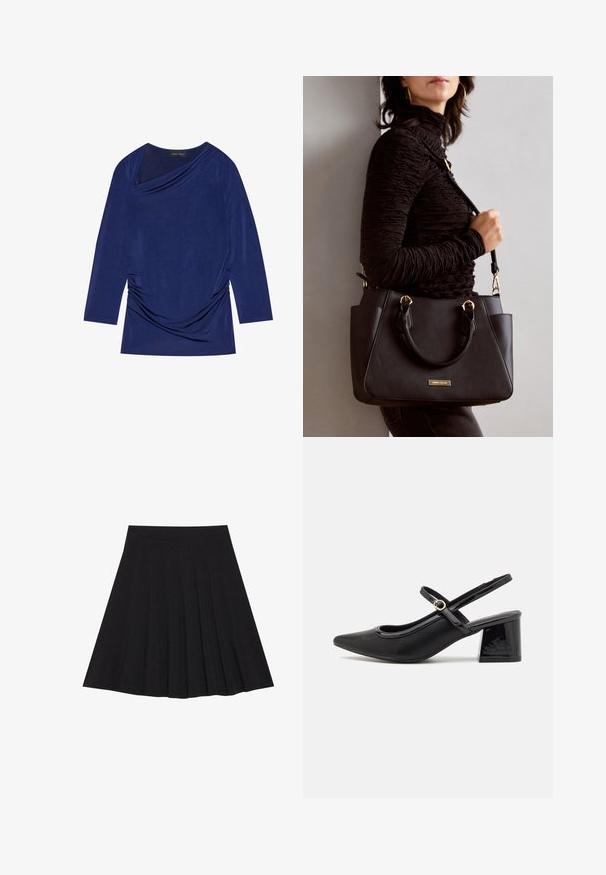 Navy blue long-sleeve top with draped neckline, gathered side detail, and soft, stretchy fabric. Label reads "ANNA FIELD."; Black pleated skirt made of textured fabric with a fitted waistband. Falls to knee length, featuring a smooth, clean silhouette.; Black patent leather slingback heels with a pointed toe, a rounded cutout design, and a block heel. Features a gold-tone buckle accent.; Black handbag with textured surface, dual top handles, and adjustable shoulder strap. Features gold-tone hardware and side pockets.