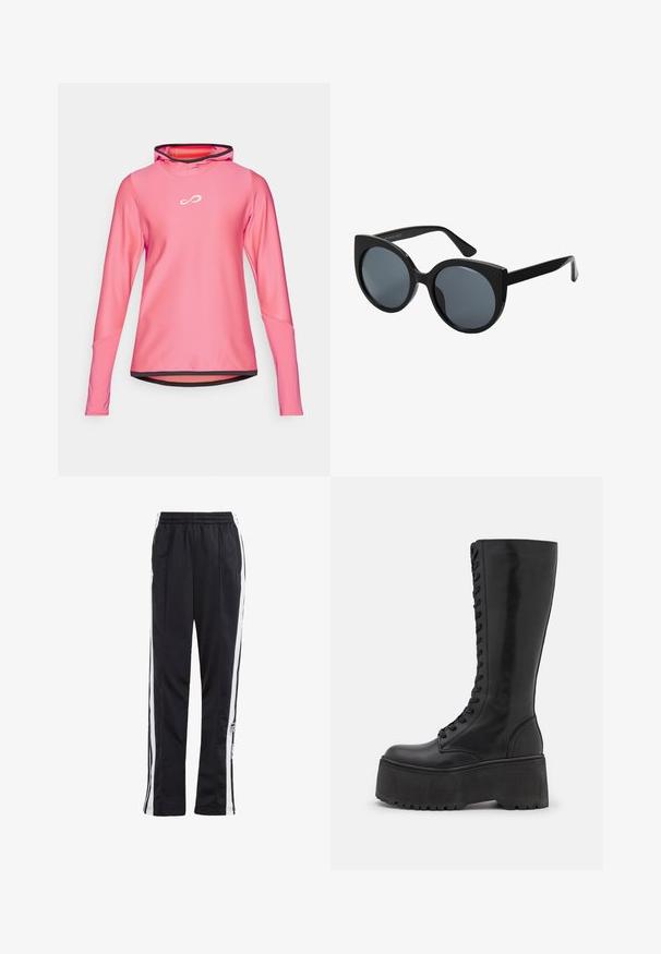 Lagani hoodie dugih rukava u svijetlo ružičastoj boji, s prozračnom teksturom, zaobljenim rubom i ovratnikom s crnim rubom koji sadrži logo.; Crne trenirke s bijelim bočnim trakama, elastičnim pojasom i logotipom. Izrađene od glatkog, laganog materijala. Ravni kroj nogavica.; Zign LEATHER - Čizme s vezicama - black; Crne prenaglašene sunčane naočale u obliku mačjih očiju, s tamnim staklima i sjajnim plastičnim okvirom. Imaju debele krake za dodatnu potporu.