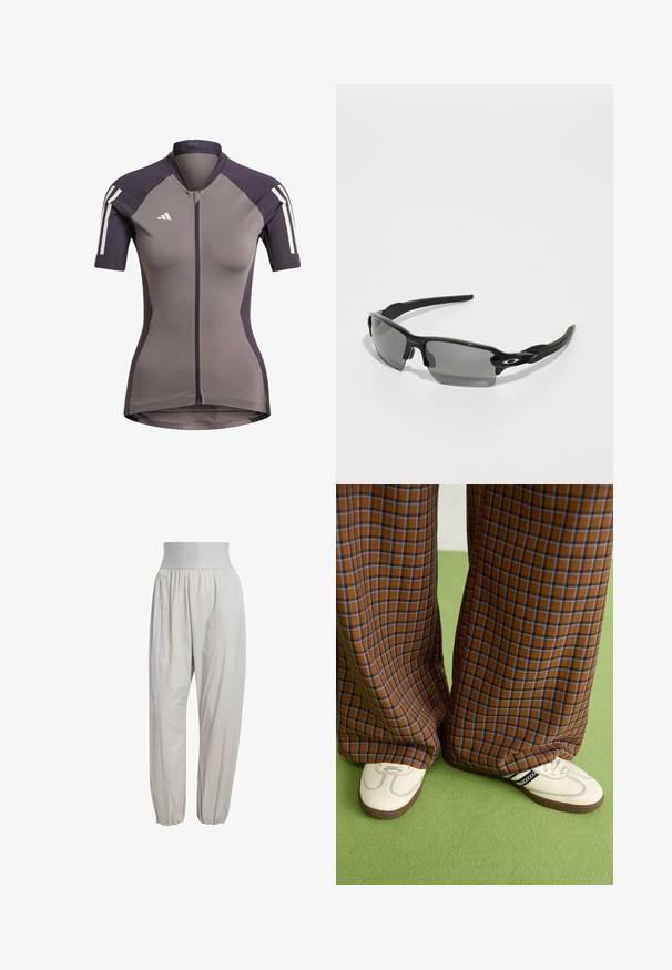 Short-sleeve cycling jersey in gray with dark purple accents, front zip closure, and white stripes on shoulders. Made of stretchy fabric.; Light gray, lightweight pants with an elastic waistband, gathered cuffs, and side seams featuring a subtle texture along the length.; Brown and blue plaid wide-leg trousers paired with white shoes featuring black accents and textured soles, set against a green background.; Black sports sunglasses with gray lenses, a curved frame design, and logo detail on the side. Made from lightweight plastic material.; Black leather handbag with a curved shape, detachable strap, and gold hardware. The bag features a flap with a buckle detail.