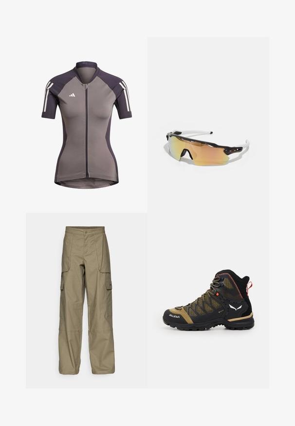Krátký cyklistický dres s krátkým rukávem v šedé barvě s tmavě fialovými detaily, předním zipem a bílými pruhy na ramenou. Vyrobeno z elastického materiálu.; Kargo kalhoty v olivově zelené tkanině, které mají volný střih, více bočních kapes a knoflíkový uzávěr v pase. Hladká textura.; Poloviční výšky turistická bota v černé a olivově zelené barvě, s textilním svrškem, gumovou podrážkou a texturovanými akcenty, obsahující zadní poutko.; Sluneční brýle s černobílým rámem, velkými zrcadlovými čočkami ve zlatých a růžových odstínech, aerodynamický design a prodloužený vnější okraj.