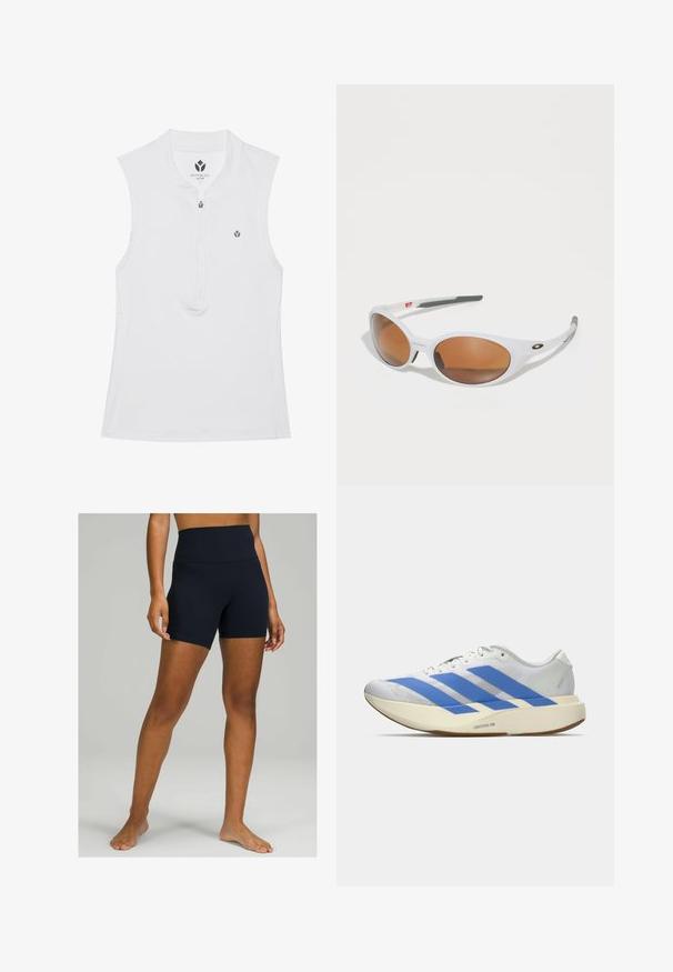 Witte mouwloze sporttop met een hoge kraag, halve rits en een klein logo op de borst. Glad textuur en aangesloten ontwerp.; Zwarte high-waisted shorts gemaakt van rekbaar materiaal, met een gladde textuur en een strakke pasvorm die tot halverwege de dij valt.; Witte sportschoen met blauwe strepen, geztructureerde bovenkant, platte zool en "LIGHTSTRIKE PRO" branding aan de zijkant. Laag profiel ontwerp.; Witte zonnebril met bruine lenzen, ovale vorm, gemaakt van glad plastic, met grijze accenten op de armen en een logo op het montuur.