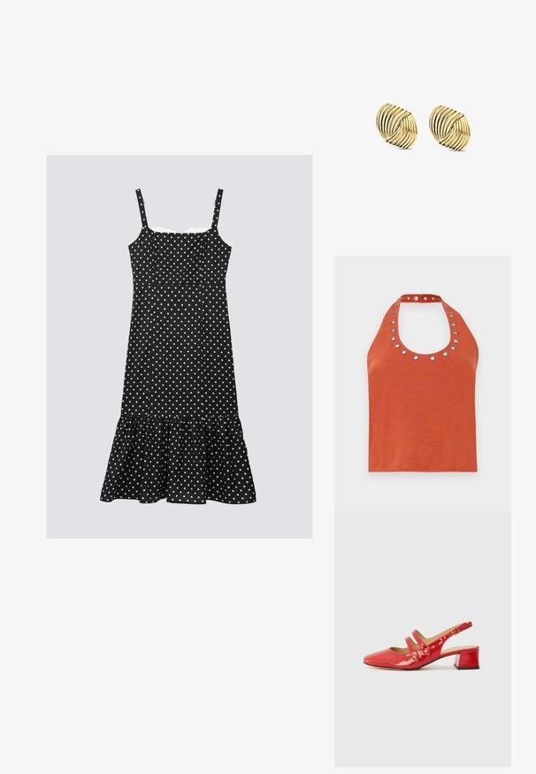 Rustfarvet halterneck-top med en rund halsudskæring, prydet med sølvfarvede øjer omkring kraven. Blød tekstur og tætsiddende design.; Sort prikket kjole med justerbare stropper, tætsiddende liv og volangkant. Lavet af letvægtsstof, med hvide prikker.; Rød patentlæder slingback sko med spids tå, to stropdesign med cirkulære accenter og en lav blockhæl.; Guld-tone øreringe med et spiraldesign og lagdelte kurver, der viser en metallisk finish og en glat tekstur for visuel dybde.