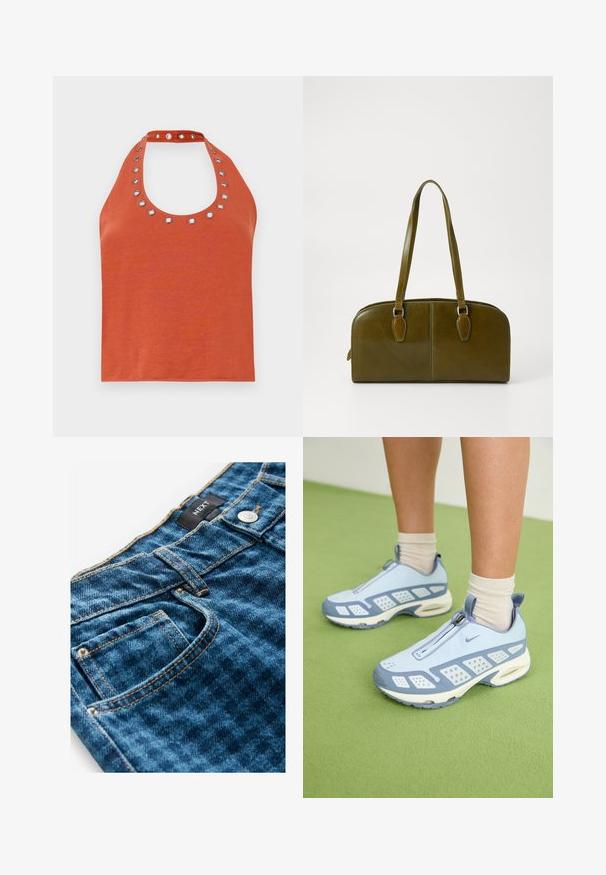 Top halter color ruggine con scollatura tonda, caratterizzato da occhielli in argento attorno al colletto. Texture morbida e design aderente.; Jeans in denim blu con cuciture visibili e chiusura con bottone. Presentano una tasca frontale, un tessuto testurizzato e un'etichetta in vita.; Scarpe da ginnastica azzurro chiaro con dettagli bianchi, pannelli testurizzati e chiusura con zip. Presentano una suola con imbottitura ad aria visibile e una suola in gomma.; Borsa a mano in pelle verde oliva di forma arrotondata, con due manici e una parte frontale senza cuciture. Presenta una superficie liscia e dettagli di cucitura delicati.