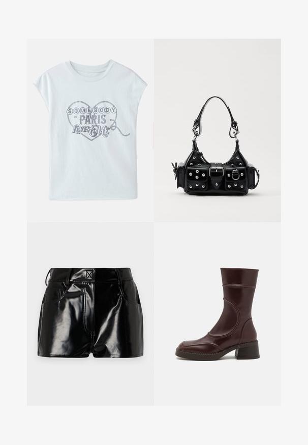Camiseta de algodón azul claro con mangas cortas, con un gráfico de corazón adornado con letras metálicas: "ALGUIEN EN PARÍS ME AMA."; Shorts negros y brillantes de material sintético. Presentan una cintura ajustada, trabillas para el cinturón y bolsillos frontales con detalles de costura prominentes.; MIISTA MALENE - Botines - brown; Bolso de mano de cuero negro con un diseño curvado, que cuenta con tachuelas plateadas, una hebilla y dos bolsillos laterales. Correa ajustable para opciones de transporte.