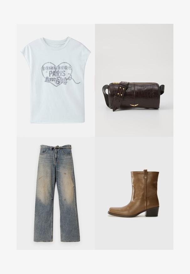 Light blue cotton t-shirt with short sleeves, featuring a heart graphic adorned with metallic lettering: "SOME BODY IN PARIS LOVES ME."; Light blue denim jeans with a loose, straight-leg design. Features whiskering, fading, and distressed details near knees. Classic five-pocket style.; Brown leather ankle boot with a square toe, textured finish, and a low stacked heel. Features a rear pull tab and subtle stitching details.; Brown crocodile-embossed leather bag with a cylindrical shape, gold-tone hardware, and a detachable strap featuring studs.
