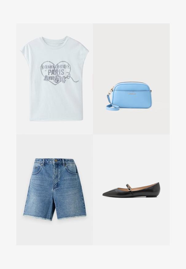 Hele sinine puuvillane T-särk lühikeste varrukatega, millel on südame kujutis, millel on metalliline kiri: "KEegi PARiISIS ARMASTAB MIND."; Heledad teksased, helesinine, kõrge vöökoht, nööbiga kinni pandud, eestaskud ja räbal ääreviimistlus, et saavutada mugav lõige.; Musthave mustanahkased balletkingad terava varbaga ja külgrihmaga, millel on ümmargune kuldne aksessuaar. Kerged ja tasase tallaga.; Hele sinine nahast ristiõlakott kuldse viimistlusega, tõmblukk, ja eesmine tasku. Omab reguleeritavat rihma mugavuse tagamiseks.