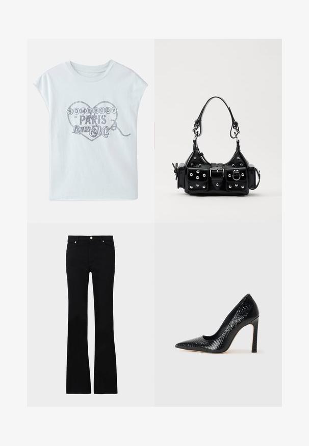 Hellblaues Baumwoll-T-Shirt mit kurzen Ärmeln, das mit einem Herzmotiv und metallischen Buchstaben verziert ist: "JEMAND IN PARIS LIEBT MICH."; Schwarze, ausgestellte Jeans aus Denim, ausgestattet mit zwei Fronttaschen, einem Knopfverschluss und einer glatten Oberfläche. Signatur-Nähte an den Nähten sichtbar.; Schwarzer, spitz zulaufender High Heel mit Krokodilleder-Struktur, elegantem Design, hohem Stiletto-Absatz und glattem schwarzen Innenraum.; Schwarze Lederhandtasche mit einem geschwungenen Design, verziert mit silbernen Nieten, einer Schnalle und zwei seitlichen Taschen. Verstellbarer Träger für verschiedene Tragemöglichkeiten.