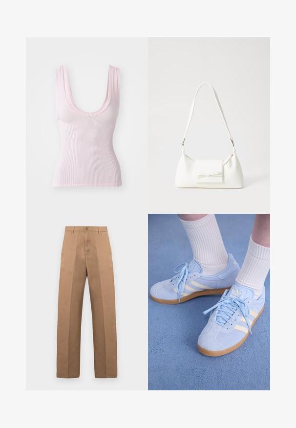 Ribikate särk heledas roosas toones, millel on ümar kaelus ja paksud rihmad. Kangas on sile ja pehme tekstuuriga.; Pruunid puuvillased püksid sirge säärega, millel on nööpidega sulgumine, vööaasad ning minimalistlikud õmblused elegantseks ilme saavutamiseks.; Heledad sinine seemisneakerid valgete triipudega, lamedate paeltega ja kaaliumkummist tallaga. Valged soonikkoes sokid on kantud üle pahkluude.; Valge sünteetilisest materjalist kott kolmnurkse kujuga, lame esiklapiga ja kaaredetailiga, reguleeritava rihmaga, sileda tekstuuriga ja minimalistliku disainiga.