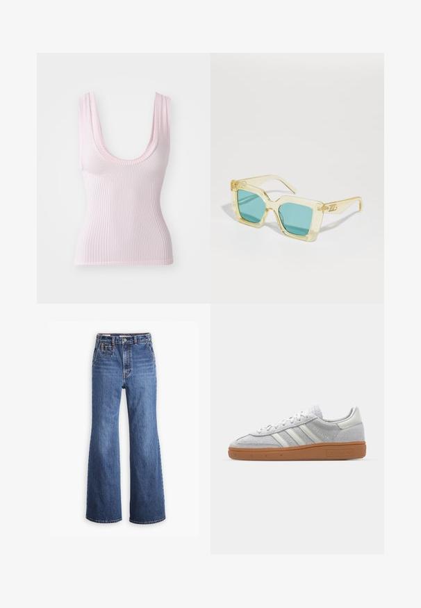Rebrovan majica brez rokavov v svetlo roza barvi, z okroglim izrezom in širokimi naramnicami. Tkanina ima gladko, mehko teksturo.; Visoko pasu modri jeans z širokimi nogavicami, z sprednjim žepom, zapiranjem na medeninasti gumb in kontrastnim šivom.; Svjetlo sivi suedesni sportski cipeli s bijelim kožnim naglascima, tri bijele pruge i smeđi gumeni potplat, s podstavljenim ovratnikom za udobnost.; Rumene prozorne sončne očala s teal lečami, kvadratne oblike in edinstvenim zasukanim nosilcem s graviranimi detajli.