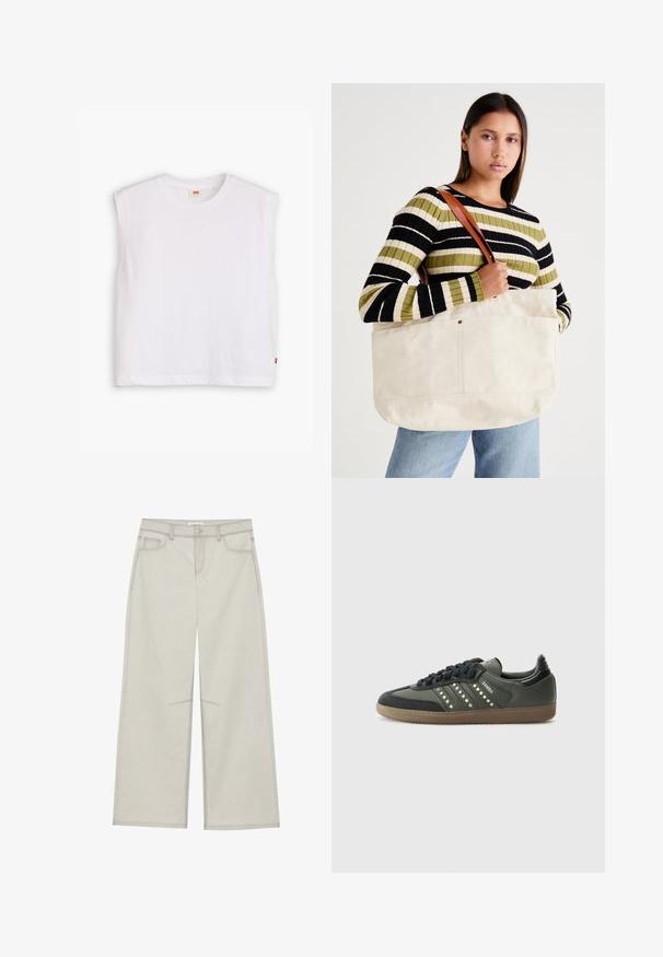 Baltas bezrūpīgs kokvilnas T-krekls ar apaļu dekoltē, taisnu griezumu un mazu sarkanu logotipa birku apakšējā malā. Mīksta tekstūra.; Gaiši pelēkas platās bikses ar piecām kabatām, priekšējo pogu aizdari un kontrastējošiem šuvju ieliktņiem. Audums izskatās mīksts un izturīgs.; adidas Originals SAMBA OG - Sporta apavi - core black/legend earth/gum; Liels bežs kanvas iepirkumu maisiņš ar brūnu ādas siksnām, kas piedāvā minimālistisku dizainu un redzamās šuves akcentus.