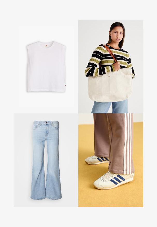 Hvid ærmeløs bomulds t-shirt med rund halsudskæring, lige snit og et lille rødt logo mærke ved bunden. Blød tekstur.; Lyseblå vidde jeans med højtaljet design, lavet af denimstof, fem lommer og knaplukning. Benene er vide og har en let falmet finish.; Creme sneakers med blå ruskindstriber, hvide snørebånd og gummisål. Parret med grå sweatpants med hvide sidestiber.; Stor beige canvas tote bag med brune læderstropper, der har et minimalistisk design og synlige syninger.