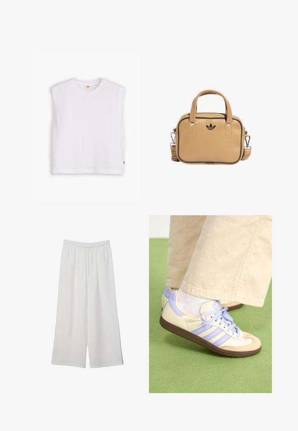 Hvid ærmeløs bomulds t-shirt med rund halsudskæring, lige snit og et lille rødt logo mærke ved bunden. Blød tekstur.; Hvide vidde bukser lavet af letvægtsstof, med en elastisk talje og snøre for justerbar pasform. Glat tekstur.; Creme og lavendel sneakers med tre striber og en tekstureret brun sål, der har snørebånd og en polstret hæl. Blødt stof øvre.; Brun vegansk læder taske med to håndtag, aftagelig skulderrem, sort kontrastsyning og et lille sort logo på forsiden.