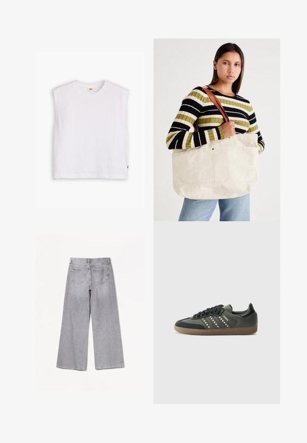 White sleeveless cotton t-shirt with a round neckline, straight cut, and a small red logo tag at the bottom hem. Soft texture.; Bershka WIDE-LEG - Wide Leg - grey; adidas Originals SAMBA OG - Trainers - core black/legend earth/gum; Large beige canvas tote bag with brown leather straps, featuring a minimal design and visible stitching accents.