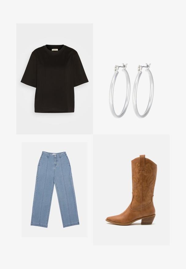 Lindex LOLA - T-shirt - bas - black; Ljusblå vida jeans i denim. Har hög midja, knapprningsstängning och synlig sömnad. Inga fickor är synliga på framsidan.; Bruna lädercowboystövlar med spetsig tå, broderade virvelmönster på skaftet och en staplad blockklack. Har en dragflik för enkel påtagning.; Silverfärgade hoopörhängen med en slät, polerad yta. Rund form och säker klickstängning. Lättviktig design som passar för vardagligt bruk.