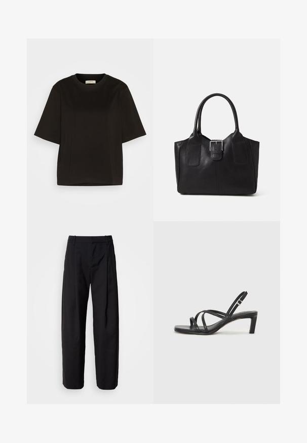 Lindex LOLA - T-shirts - black; Svarte bukser med avslappet passform, plisserte foran og beltehemper. Glatt stoff og rette ben, med sidelommer.; Sorte sandaler med stropper, firkantet tå og lav blokk hæl. Har flere tynne stropper og en justerbar ankelstropp. Laget av glatt lær.; Svart skinn toteveske med jevn tekstur, strukturert form, to håndtak og en fremtredende sølvspenne foran.