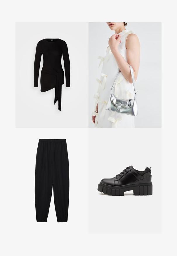 Zwart top met lange mouwen gemaakt van een zachte, rekbare stof; heeft een knoopdetail aan de zijkant en een asymmetrische zoom.; Zwarte, lichte broek met een elastische tailleband en gathered enkels. De stof is glad en heeft een ontspannen, taps toelopend ontwerp.; Zwarte leren platform schoenen met een stevige blokhak, ronde neus en een traditionele vetersluiting. Kenmerkt zich door een gladde textuur en minimale details.; Zilveren metallic handtas met een gestructureerde vorm, voorzien van een bovenhandvat en een strikdetail aan de voorkant. Gladde textuur, reflecterende afwerking.