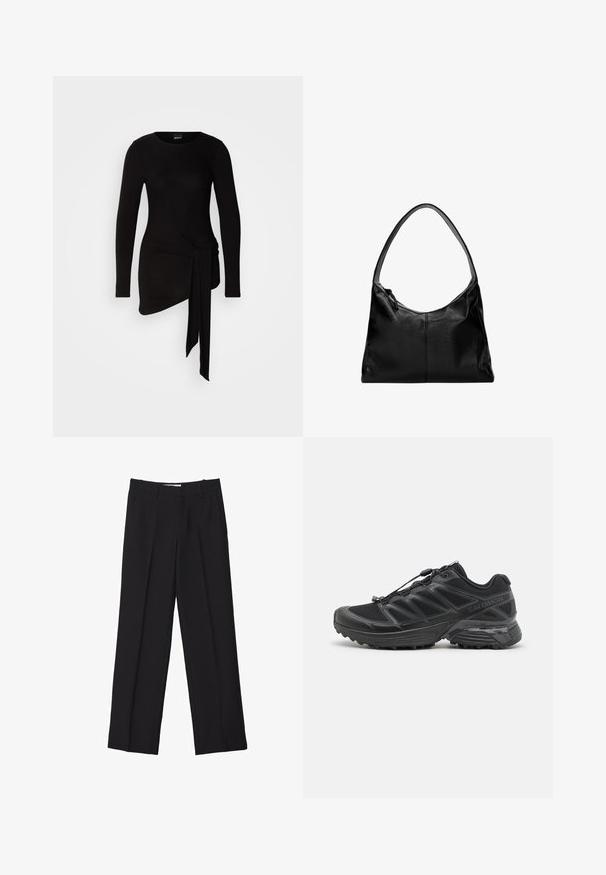 Černý top s dlouhým rukávem vyrobený z měkké, pružné látky; má detail bočního uzlu a asymetrický lem.; Černé upravené kalhoty se střihem rovného nohavice, které mají dvojité záhyby, hladkou texturu a jemné detaily předního švu.; Černá běžecká obuv s vrškem z prodyšné síťoviny a syntetického materiálu, flexibilní podešev a elastické šňůrky. Obsahuje polstrovanou mezipodešev pro pohodlí.; Černá kožená kabelka na rameno s hladkým povrchem, zakřiveným vrškem a jedním popruhem. Disponuje zipovým zavíráním a minimalistickým designem.