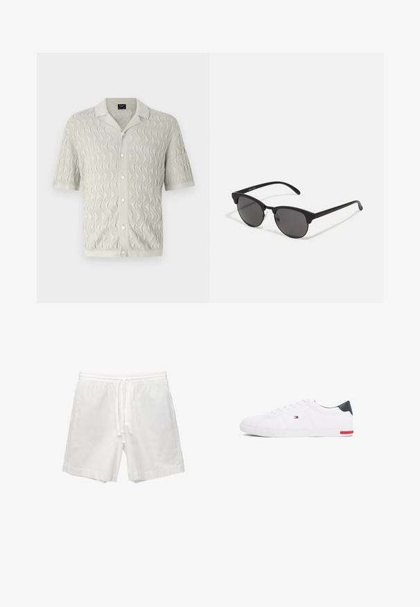 Camicia a maniche corte, di un grigio chiaro, realizzata in maglia con un motivo a onde, colletto e chiusura con bottoni, in un tessuto testurizzato.; Shorts bianchi in cotone con vita elasticizzata e cordino, tasche laterali e taglio dritto con orli rifiniti.; Sneakers bianchi a punta bassa realizzati in pelle liscia. Presentano una tomaia blu navy sul tallone e un accento rosso sulla suola. Sei occhielli per i lacci.; Occhiali da sole neri con lenti rotonde, finitura opaca e forma distintiva a occhio di gatto. Astine sottili con un branding discreto sulla tempia sinistra.