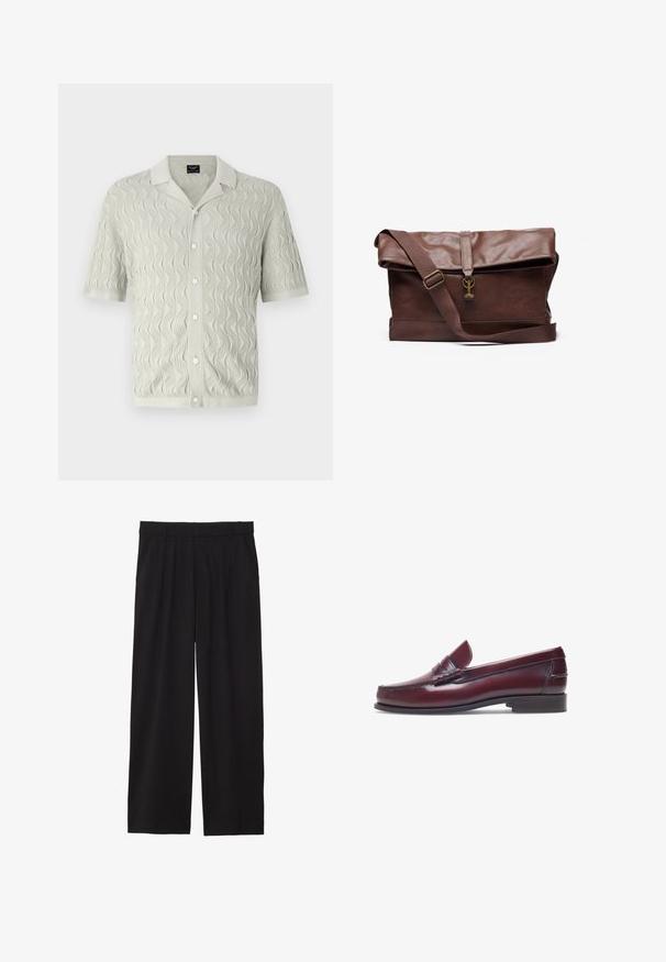 Kurzärmliges, hellgraues Strickshirt mit Wellenmuster, Kragen und Knopfverschluss aus texturiertem Stoff.; Schwarze, weite Hose mit gefälteltem Vorderteil, seitlichen Taschen und einer glatten Stoffstruktur. Entworfen für eine entspannte Passform.; Burgunderfarbene Lederloafer mit abgerundeter Zehenform, gestickten Details und einem kleinen dekorativen Akzent auf dem Blatt. Flache, kontrastierende Sohle.; Braune Leder-Umhängetasche mit einem umklappbaren Deckel, verstellbarem Tragegurt, Metallbeschlägen und glatter Oberfläche. Enthält einen Frontverschluss mit Schlaufe.