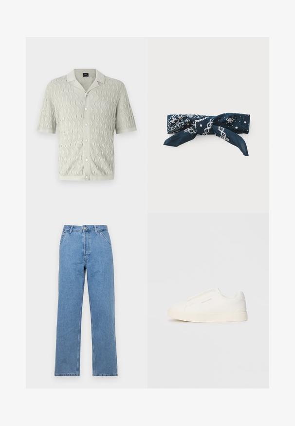 Īsām piedurknēm, gaiši pelēka adīta krekla ar viļņu rakstu, apkakli un pogu aizdari, veidots no strukturētas auduma.; Gaiši zili džinsi ar taisno piegriezumu un klasisko piecu kabatu dizainu, ar priekšējo pogu aizdari un jostu cilpiņām. Gluda tekstūra.; Baltas slip-on sporta apavi ar teksturētu virsmu, biezu zoli un minimālistisku dizainu. Sānos redzams zīmola logotips.; Tumši zila zīda šalle ar baltām ziedu un punktiņu virsmām, sarakstīta sirsniņas formā ar divām garenām galiem stilizēšanai.