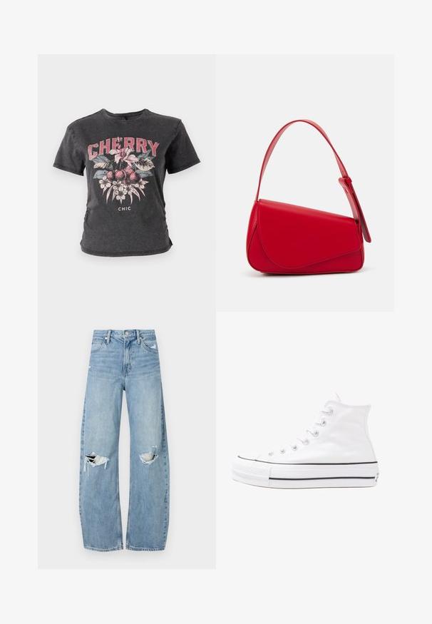 Svart bomull T-skjorte med grafisk trykk av kirsebær og blomster i rødt og rosa med ordet "CHERRY" i fet skrifttype.; Lyseblå høytlivsjeans laget av denim. Har vide bein, to revne knær og klassisk fem-lommers design.; Hvit høy-skinn kanvas sneakers med svart gummisåle, gummitåhette foran og seks hull for snorer, med et rent, minimalistisk design.; Rød lærveske med en vinklet, geometrisk design. Har en enkelt justerbar stropp og en klaffelukking med sydd detaljer.