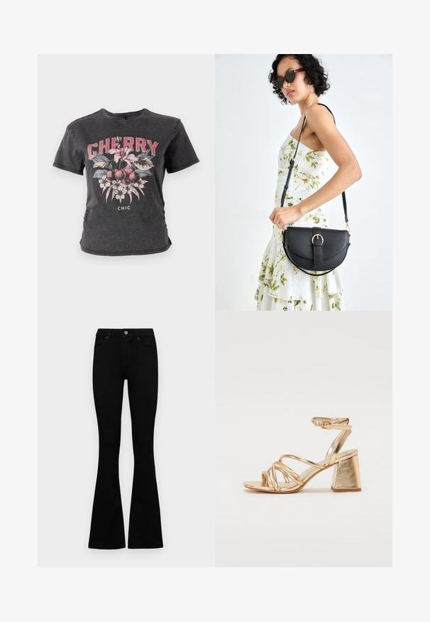 Čierne bavlnené tričko s grafickým potlačou čerešní a kvetov v červenej a ružovej farbe s nápisom "CHERRY" v tučných písmenách.; Čierne vysoké nohavice s gombíkom a zipsom, predné vrecká a rozšírené nohavice položené na bielom pozadí.; Zlaté metalické sandále na podpätku so strappy dizajnom, štvorcovým blokovým podpätkom a nastaviteľným členkovým remienkom so sponou. Hladká textura.; Čierna kožená kabelka s zaobleným tvarom, odnímateľným popruhom a zlatými doplnkami. Kabelka má klopu s detailom s prackou.