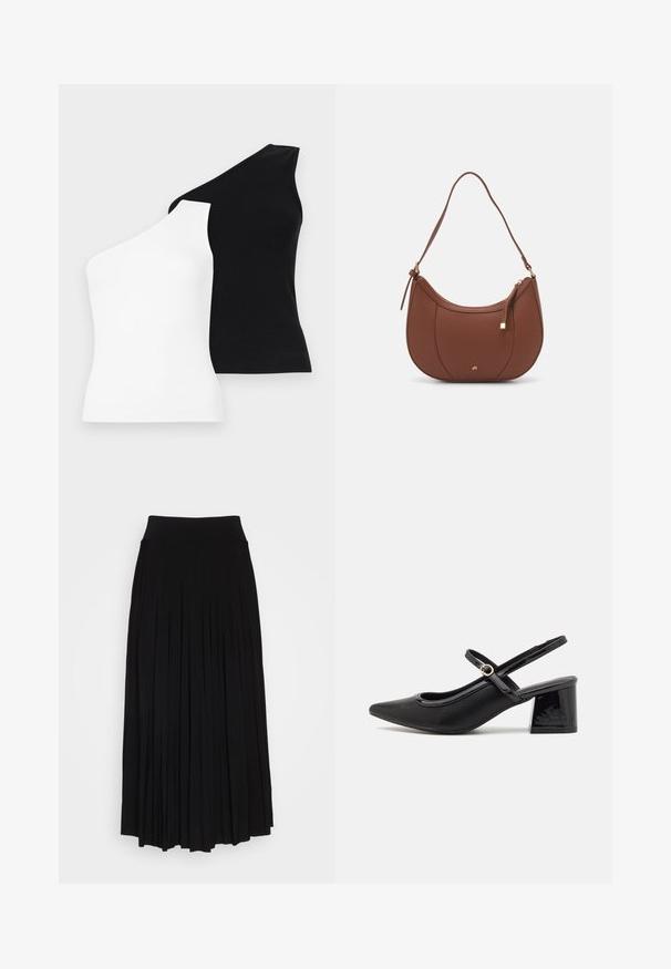 Asymetryczne topy na ramiączkach w białym i czarnym kolorze. Wykonane z prążkowanej tkaniny z projektem na jedno ramię. Gładka tekstura i dopasowany kształt.; Czarna plisowana spódnica z wysokim, elastycznym pasem. Wykonana z miękkiego materiału, z pionowymi plisami, które tworzą zwiewny kształt.; Czarne lakierowane czółenka na słupku ze spiczastym noskiem, lekko zaokrąglonym wycięciem i obcasem w kształcie bloku. Posiadają złotą klamrę jako akcent dekoracyjny.; Brązowa torebka na ramię z eko-skóry o zaokrąglonym kształcie, z minimalnym przeszyciem i złotym akcentem na okuciach. Posiada zamek błyskawiczny u góry oraz regulowany pasek.