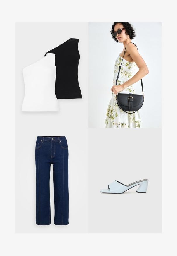 Asimetriski topi balta un melnā krāsā. Izgatavoti no ribota auduma ar vienu plecu dizainu. Gluda tekstūra un pieguļoša forma.; Tumši zili taisni džinsi ar pogu aizdari, priekšējām un aizmugurējām kabatām, kā arī redzamām oranžām šuvēm.; Gaiši zilas atvērtā purngala papēžu mūlas ar ģeometrisku dizainu, kas ietver platu siksnu pāri pēdai un masīvu, stūrainu papēdi.; Melnas ādas rokassoma ar izliekta formu, noņemamu siksnu un zelta aksesuāriem. Somai ir vāciņš ar sprādzes detaļu.