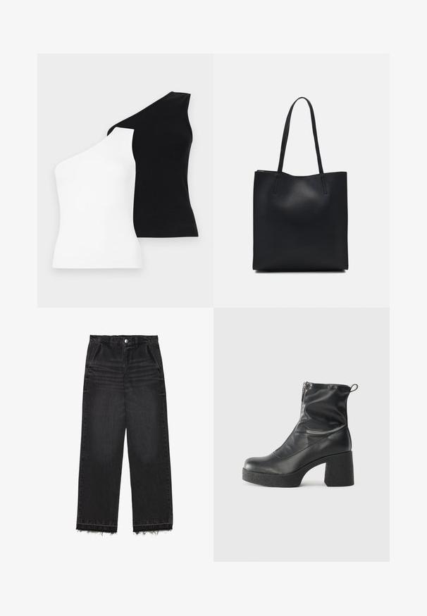 Asymmetrical tank tops in white and black. Made of ribbed fabric with one shoulder design. Smooth texture and fitted shape.; Black denim trousers with a straight leg design. Features a high waist, frayed hem, and subtle faded texture throughout. Front pockets included.; Black ankle boots made of smooth leather, featuring a side zipper, chunky textured heel, and rounded toe design.; Black leather tote bag with smooth texture, rectangular shape, and two long handles. No visible hardware or embellishments.