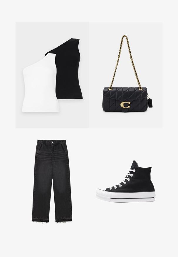 Asimetrične majice bez rukava u bijeloj i crnoj boji. Napravljene od rebraste tkanine s dizajnom jednog ramena. Glatka tekstura i kroj koji se prilagođava tijelu.; Crne traperice s ravnim krojem. Imaju visoki struk, izlizani rub i suptilnu izblijedjelu teksturu po cijeloj dužini. Uključeni su prednji džepovi.; Visoke crne platnene tenisice s bijelim rupama, vezicama i gumenim potplatom. Imaju teksturirani vrh i crno-bijele pruge kao ukrase.; Crna kvačasta torba s zlatnim lancem, s karakterističnim zlatnim kopčanjem i malom oznakom, koja prikazuje teksturiranu kožnu površinu.