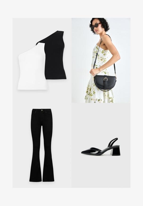 Topos de tanque assimétricos nas cores preto e branco. Feitos de tecido canelado com design de um ombro. Textura suave e forma ajustada.; Jeans pretos de cintura alta com fecho de botão e zíper, bolsos frontais e pernas largas dispostos em cima de um fundo branco.; Sandy em verniz preto com salto slingback, ponta afilada e salto geométrico. Apresenta um design elegante e minimalista com textura suave.; Bolsa de couro preta com forma curva, alça destacável e detalhes em dourado. A bolsa possui uma aba com detalhe de fivela.