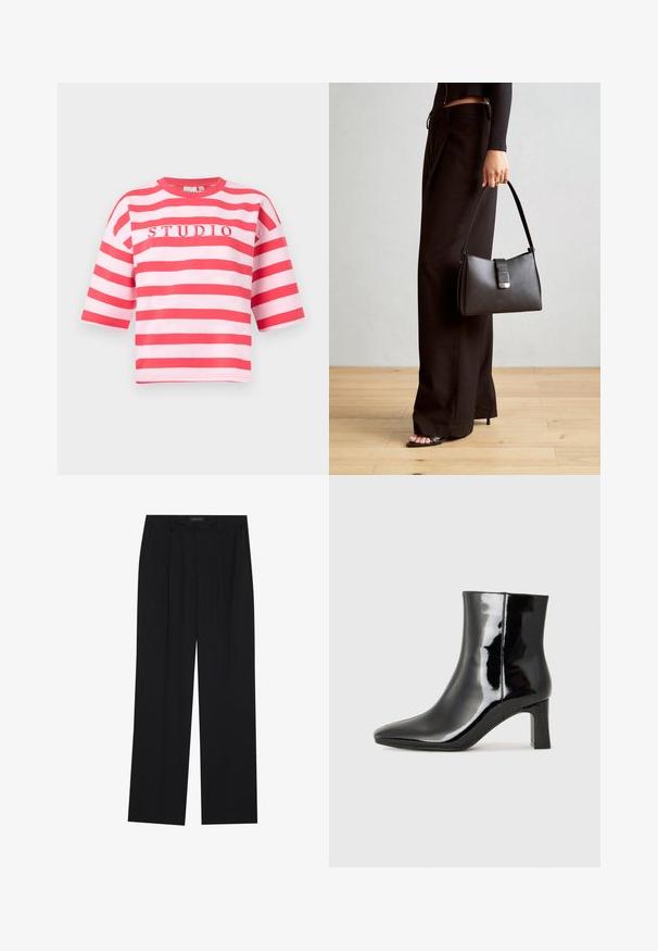 Růžová a červená pruhovaná polokošile s krátkým rukávem a kulatým výstřihem, ve středu s nápisem "STUDIO". Vyrobena z měkké tkaniny.; Černé kalhoty se střihem rovného nohavice, které mají dvě přední kapsy a pas. Vyrobené z hladkého, lehkého materiálu.; Černé lakované kotníkové boty s špičatou špičkou a středně vysokým blokovým podpatkem. Hladká textura a minimalistický design.; Černá kabelka se strukturovaným tvarem, hladkým povrchem a kovovým uzávěrem. Kombinována s širokými černými kalhotami a sandály s otevřenou špičkou na dřevěné podlaze.