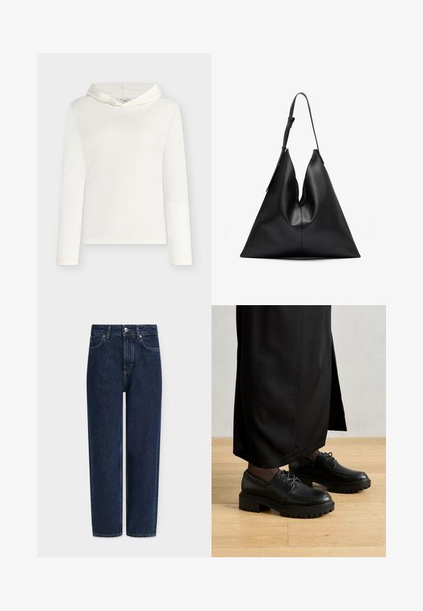 Witte hoodie met lange mouwen gemaakt van geribbelde stof met een zachte textuur. Heeft een ronde halslijn en een eenvoudig ontwerp zonder accenten.; Donkerblauwe spijkerbroek met rechte pijpen, hoge taille, zilveren beslag, voorzakken en subtiele stikseldetails. Klassiek ontwerp met vijf zakken.; Zwarte leren schoenen met een ronde neus, dikke rubberen zool en veters. Het ontwerp heeft decoratieve stiksels langs de bovenkant.; Zwarte leren driehoekige handtas met een enkele verstelbare schouderriem en een zachte, iets slappe structuur.; Goudkleurige oorbellen met een mix van geometrische vormen: een vierkant, cirkel en verbonden ovaal ontwerpen met een gepolijste afwerking.