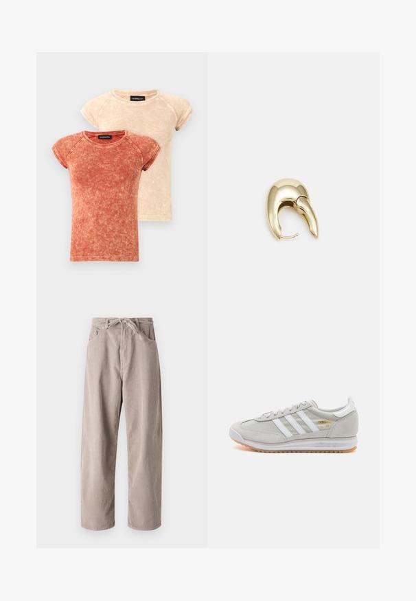 Kaksi lyhythihaista, pyöreäkaulaista t-paitaa haalistuneissa punaisissa ja beigeissä väreissä. Kangas on pesty ja siinä on kontrastiväriset ompeleet.; Beige corduroy-housut, joissa on löysä malli, piilovetoketjulla, kaksi etutaskua ja pystyribbattu pinta.; Vaaleanharmaat sneakerit, jotka on valmistettu mokasta ja verkosta, sisältäen kolme valkoista raitaa, pyöreän kärjen ja kumisen pohjan. Kultainen logo yksityiskohta nauhojen läheisyydessä.; Kultahipuinen korvakoru, jossa on sulavalinjainen, kaareva muotoilu. Ominaisuuksiin kuuluu erottuva terävä muoto, kiillotettu pinta ja sarana kiinnitys.