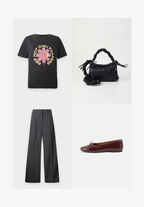 Fekete pamut póló, középen egy színes csillaglogóval, amely körül "HOT CHILI PEPPERS" felirat található vastag sárga betűkkel.; Széles szárú nadrág sötétszürke anyagból, magas derekú, egyes redőkkel, sima textúrával és tiszta befejezéssel a szegélyeken.; Burgundi lakkbőr balettcipő kerek orral, elöl kis masni díszítéssel és alacsony, fekete gumi talppal. Simára csiszolt felület.; Fekete műbőr kézi táska krokodil bőr textúrával, összehúzható tetejű és gyűrt pánttal. Lágy és kompakt dizájnúnak tűnik.