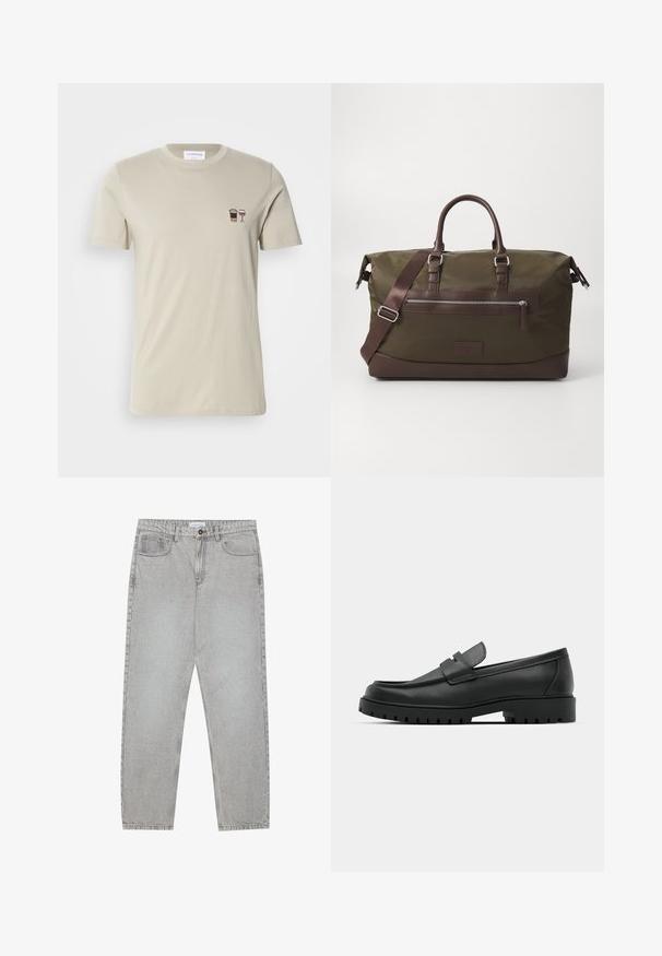 Bežs īsās piedurknes T-krekls, kas izgatavots no kokvilnas, ar izšūtām kafijas krūzes un vīna glāzes dizainiem kreisajā krūtīs.; Gai pelēko džinsu bikses ar taisnajām kājām, piecu kabatu stilu un pogu aizdari. Redzama šuvju apstrāde gar šuvēm.; Melnas ādas loafers ar noapaļotu purngalu, ar izšūtu dizainu, zemu platformas zoli un teksturētu, rievotu gumijas ārējo zoli.; Olīvu zaļš auduma ceļojumu soma ar brūniem ādas akcentiem, piedāvājot divas rokas, noņemamu plecu siksnu un priekšējo rāvējslēdzēja kabatu.