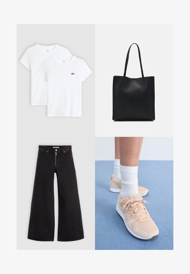 Duas t-shirts brancas de manga curta, feitas de algodão, com um pequeno logótipo vermelho da Levi's no peito, com um decote redondo e bainha reta.; Calças de ganga de perna larga em denim preto com fecho éclair à frente, design de cinco bolsos e detalhes de costura subtil. Textura suave e estilo casual.; Ténis atléticos em pêssego claro com parte superior em tecido, sola de borracha branca e design de atacadores. Combinados com meias brancas caneladas e colocados sobre uma superfície azul.; Bolsa tote preta em couro com textura lisa, forma retangular e duas alças longas. Sem hardware ou enfeites visíveis.