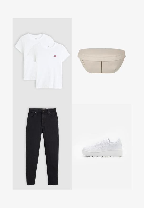 Twee witte t-shirts met korte mouwen van katoen, met een klein rood Levi's logo op de borst, een ronde hals en een rechte zoom.; Zwarte slim-fit jeans met knoop- en ritssluiting, vijf-vakken ontwerp en ceintuurlussen op een lichtgrijze achtergrond.; Witte platform sneakers met een gladde leertextuur, geperforeerde details en platte veters; voorzien van een dikke witte rubberen zool.; Beige stoffen zakje met een afgeronde vorm, voorzien van een platte bovenkant en subtiele naaddetails. Inclusief een minimalistisch logo en een zijstrap.
