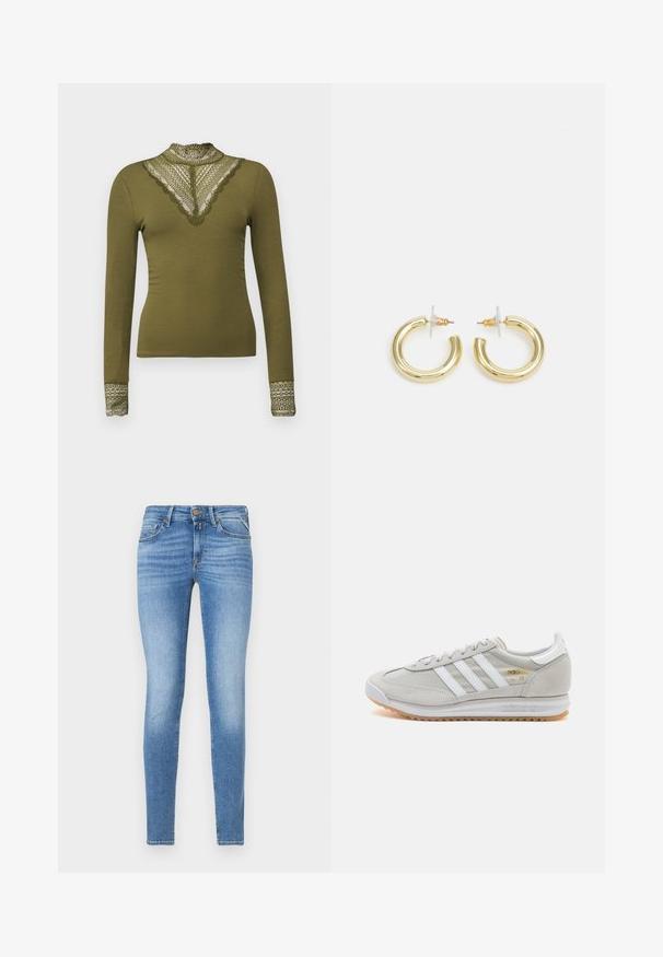 ONLY ONLTILDE HIGH NECK - Langarmshirt - winter moss; Slim-Fit hellblaue Jeans im Denim-Stil mit mittelhohem Bund, vorderem Knopf und Fünf-Taschen-Design.; Hellgraue Sneaker aus Wildleder und Mesh, mit drei weißen Streifen, runder Zehenpartie und einer Sohle aus Gummi. Goldenes Logo-Detail nahe der Schnürsenkel.; Goldene Creolen mit einer glatten, glänzenden Oberfläche. Zirkuläres Design mit einem kleinen Stecker und einer klaren Rückseite für einen sicheren Sitz.