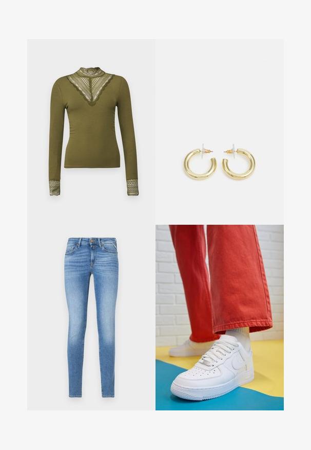 ONLY ONLTILDE HIGH NECK - Top s dlhým rukávom - winter moss; Úzke modré denimové džínsy s mierne zvýšeným pásom, predným gombíkom a dizajnom s piatimi vreckami.; Biele kožené tenisky s perforovanou špičkou, textúrovanou podrážkou a bielymi šnúrkami, spárované so širokými červenými nohavicami na modrom a žltom pozadí.; Zlaté kruhové náušnice s hladkým, lesklým povrchom. Cirkulárny dizajn s malým steblom a jasným záznamom pre bezpečné nosenie.