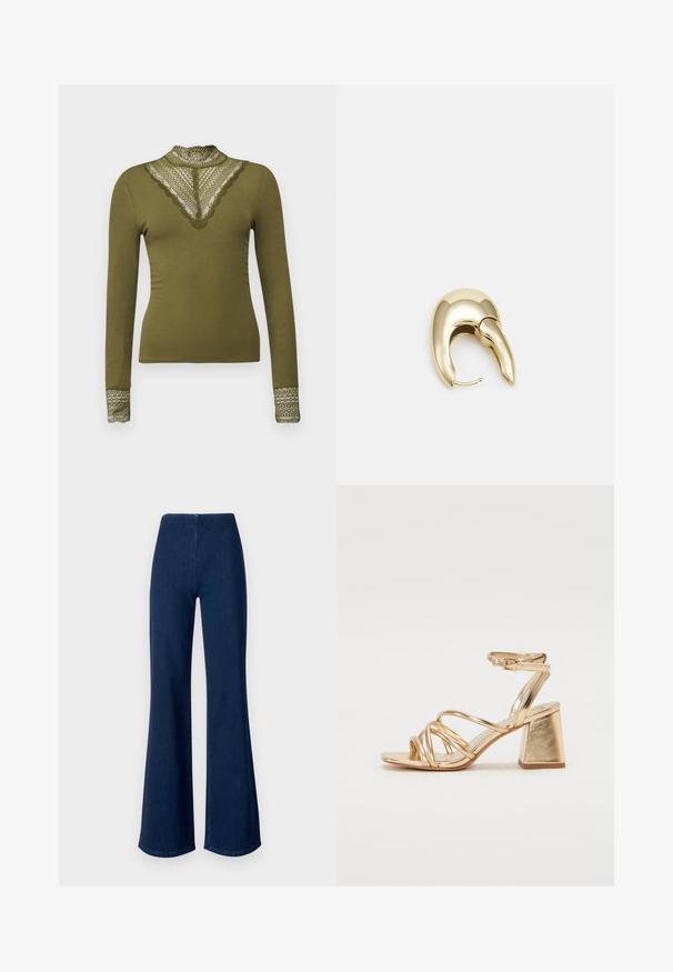 ONLY ONLTILDE HIGH NECK - Ilgarankovis viršutinės dalies drabužis - winter moss; Tamsiai mėlyni, plačios kojų džinsai iš džinsinio audinio su elastinga juosmeniu. Pasižymi lygiu paviršiumi ir plačiu kelių dizainu iki hemui.; Auksinės metalinės kulniuko šlepetės su juostelėmis, kvadratiniu blokiniu kulnu ir reguliuojamu kulkšnies dirželiu su sagtimi. Lygi tekstūra.; Aukso tono metalinės auskarai su stilingu, kreiviu dizainu. Išsiskiria ryškiu smailiu pavidalu, poliruota paviršiumi ir užsegimu su vyriu.