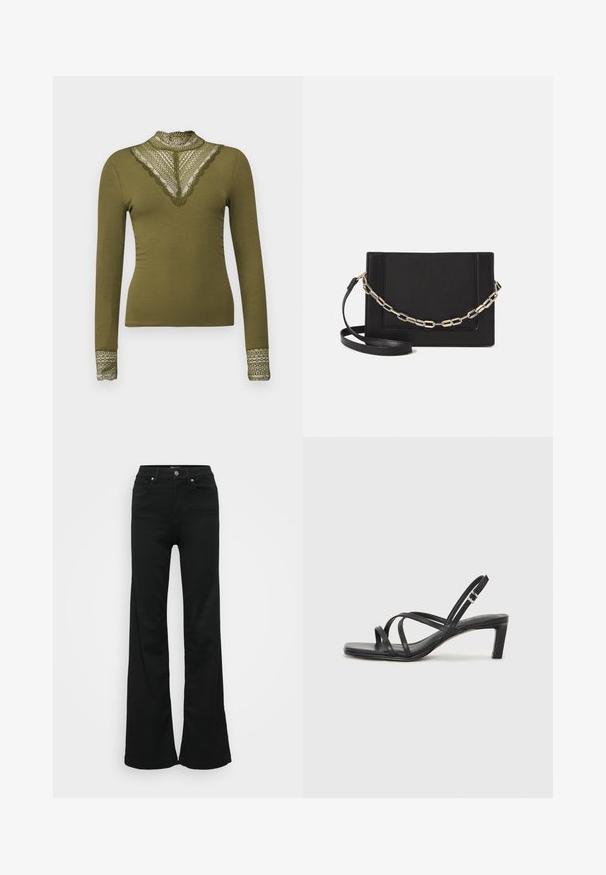 ONLY ONLTILDE HIGH NECK - Pikkade varrukatega topp - winter moss; Mustad laiad teksapüksid, valmistatud denimist, kõrge vöökoht, viis taskut ja metallist nööpkinnitus. Sujuv tekstuur väheste detailidega.; Mustast rihmajalatsid ruudukujulise varba ja madala ploki kontsaga. Omab mitmeid õhukesi rihmasid ja reguleeritavat pahkluu rihma. Valmistatud siledast nahast.; Mustast nahast õlakott, mis omab siledat tekstuuri, ristküliku kuju ning esiküljel metallketi detaili. Reguleeritav rihm on kaasas.; Hõbedane kahekordne rõngas sujuva, poleeritud pinnaga. Omab voolavat, kõverat disaini, millel on kattuvad sektsioonid, et saavutada kaasaegne ilme.