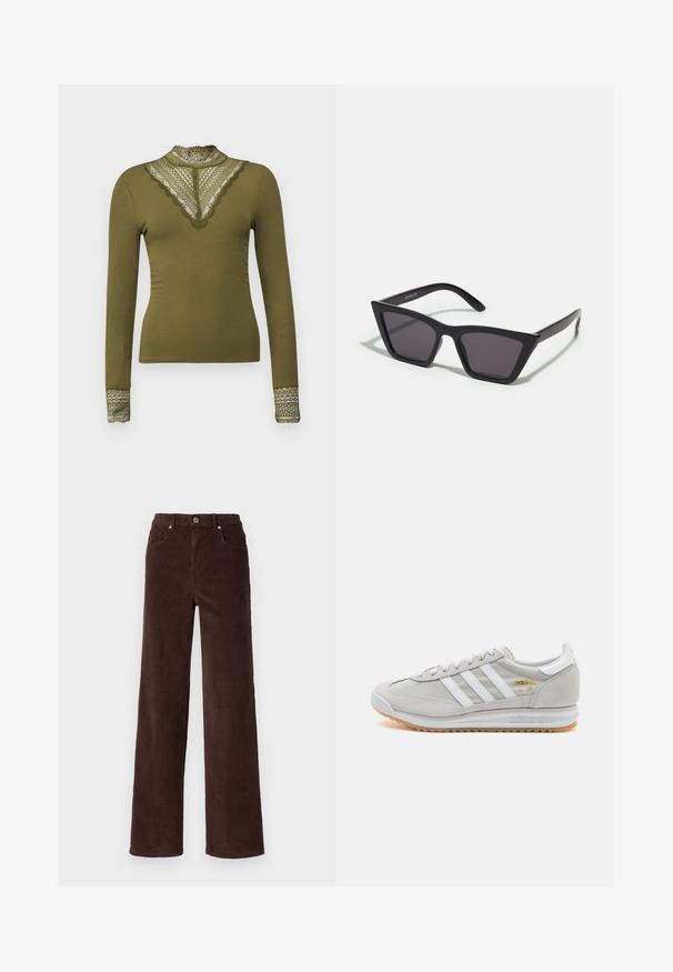 ONLY ONLTILDE HIGH NECK - Longsleeve - winter moss; Vero Moda VMTESSA WIDE PANTS - Broek - chocolate torte; Lichtgrijze sneaker van suede en mesh, met drie witte strepen, ronde neus en een gumrubberen zool. Gouden logo-accent bij de veters.; Zwarte, hoekige zonnebril met grijze lenzen; gemaakt van plastic, met dikke armen met een gladde oppervlakte en zonder zichtbare hardware.