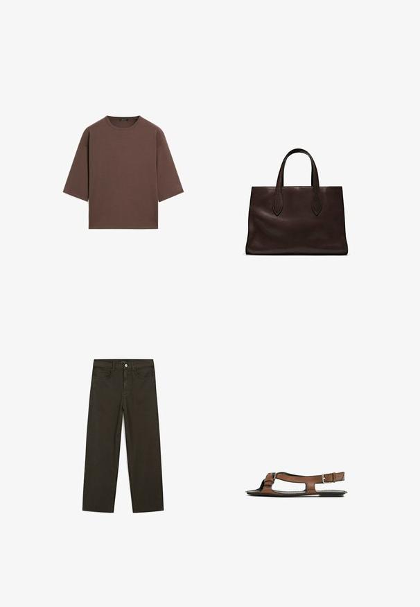 Braunes, kurzes T-Shirt mit rundem Halsausschnitt, kurzen Ärmeln und einer weichen Textur. Entworfen mit einem lässigen Schnitt und minimalen Details.; Dunkelgrüne Jeans im weit geschnittenen Style, hergestellt aus einem Baumwollgemisch. Sie verfügen über einen Frontknopfverschluss, fünf Taschen und klassische Denim-Nähte.; Braune Leder-Sandale mit offener Zehenpartie und seitlichen Ausschnitten. Sie verfügt über einen Knöchelriemen mit einer metallischen Schnalle und eine flache Sohle.; Braune Ledertasche mit zwei langen Griffen, strukturierte rechteckige Form, glatte Textur und dezente Nähdetails.