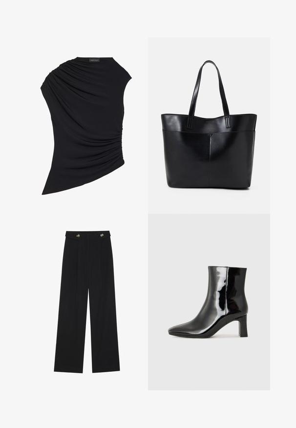Must have musta ilma varrukat top, millel on drapeeritud disain, ühe külje peal on tekstuuriga kodara ja kerge asümmeetriline äär. Valmistatud pehmest kangast.; Mustad laiad püksid kõrge vöökoha ja nööpdetailidega vööandil, esikortsudega.; Must-sinine nahkjalats musta läikiva viimistlusega, millel on terav nina ja keskmise kõrgusega plokk konts. Sile tekstuur ja minimalistik disain.; Must mustaga musta nahast, millel on kaks pikka kanda, sile tekstuur ja struktureeritud kuju. Esipoolsel on lisakoti jaoks tasku.