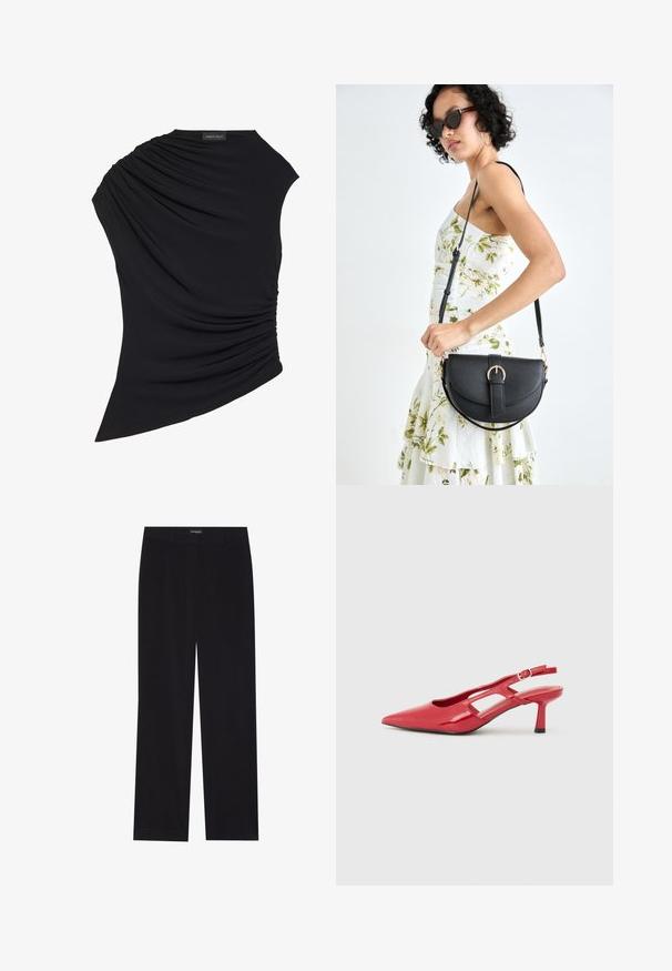 Top negru fără mâneci cu un design drapat, având un ruchetat texturat pe o parte și un tiv ușor asimetric. Realizat dintr-un material moale.; Pantaloni din cord din culoare neagră, cu croială dreaptă, având un brâu plat și fără buzunare vizibile, textură netedă și detalii cu fante verticale.; Pantof de piele roșie patent, cu vârf ascuțit, toc înalt și design cu decupaje pentru ventilație. Curea reglabilă pentru o potrivire sigură.; Geantă din piele neagră, cu o formă curbată, curea detașabilă și accesorii aurii. Geanta are un capac cu un detaliu tip cataramă.