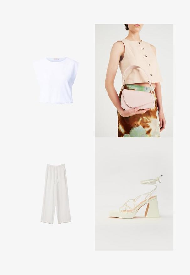 Weißes, kurz geschnittenes T-Shirt aus weicher Baumwolle, mit rundem Ausschnitt und kurzen Ärmeln, mit glatter Textur und ohne sichtbare Muster.; Weiße weit geschnittene Hose aus leichtem Stoff. Mit einem elastischen Bund und Kordelzug sowie Seitentaschen. Glatte Textur.; Weiße High-Heel-Sandale mit einem klobigen Absatz, die über ein Riemchendesign und ein Knöchelband verfügt. Glatte Textur mit einer Plattform vorne für zusätzliche Höhe.; Rosa Lederhandtasche mit gewölbtem Deckel, einem Schulterriemen und klaren Linien. Die Tasche zeigt eine glatte Textur und ein minimalistisches Design.