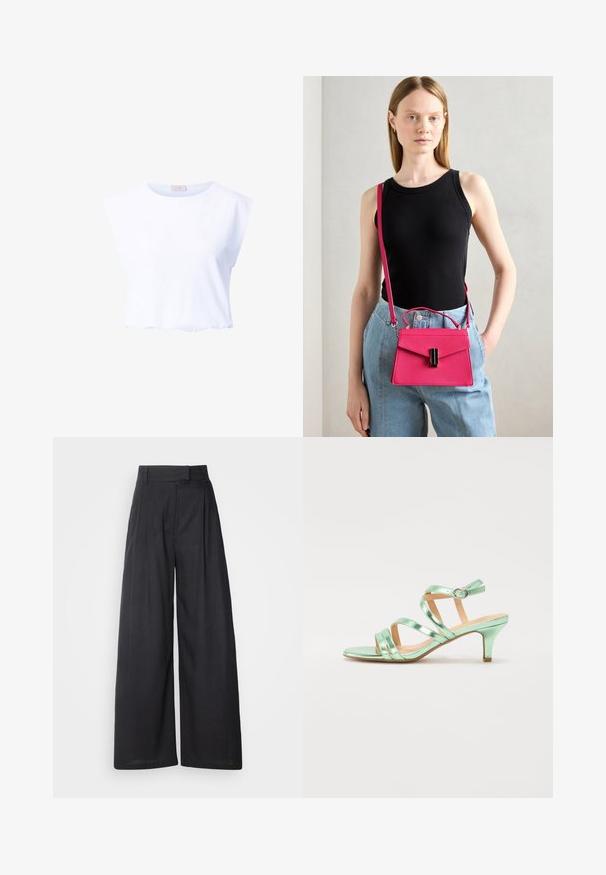 Weißes, kurz geschnittenes T-Shirt aus weicher Baumwolle, mit rundem Ausschnitt und kurzen Ärmeln, mit glatter Textur und ohne sichtbare Muster.; Dunkle, weit geschnittene Hosen mit strukturiertem Bund und Falten. Aus leichtem Stoff gefertigt, mit glatter Textur und ohne sichtbare Muster.; Mintgrüne Absatzsandalen mit drei metallic-farbenen Riemen, einem Knöchelriemen mit Schnalle und einem schlanken 5 cm Absatz. Glatte Oberfläche und minimalistischem Design.; Rosa strukturierte Handtasche mit Klappenverschluss und schwarzen Akzenten. Als Umhängetasche mit langem Tragegurt getragen. Glatte Textur.; Rosa strukturierte Handtasche mit Klappenverschluss und schwarzen Akzenten. Als Umhängetasche mit langem Tragegurt getragen. Glatte Textur.