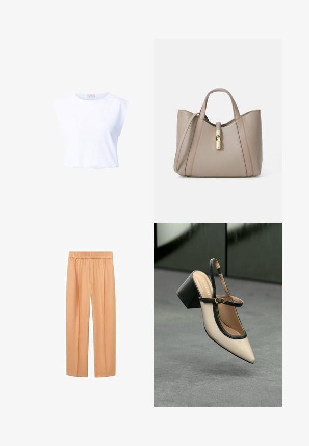 Witte crop top gemaakt van zachte katoen, met een ronde halslijn en kapmouwen, met een gladde textuur en zonder zichtbare patronen.; Perzikkleurige wijde broek, gemaakt van zacht materiaal, met een elastische tailleband en rechte pasvorm voor een ontspannen fit.; Beige puntige slingback schoen met zwarte rand, gouden gesp en een chunky blokhak op een grijze vloer met een donker groene achtergrond.; Beige leren schoudertas met dubbele handgrepen, een gouden sluiting en een gestructureerd ontwerp met contrasterende gladde en textuur panelen.
