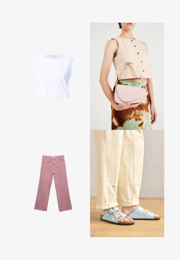 Bela skrajšana majica iz mehkega bombaža, z zaobljenim izrezom in kratkimi rokavi, z gladko teksturo in brez vidnih vzorcev.; Roza široka jeans hlače iz denima, z visokim pasom, sprednjimi žepi in subtilnimi šivi. Gladka tekstura brez vzorcev.; Svetlo modri sandali na odprti nos, z dvojno zaponko, plute podplat in črna gumijasta podloga, v kombinaciji s kremnimi hlačami širokega kroja.; Roza usnjena torbica s ukrivljenim poklopcem, enim naramnim trakom in čistimi linijami. Torbica se ponaša z gladko teksturo in minimalističnim dizajnom.